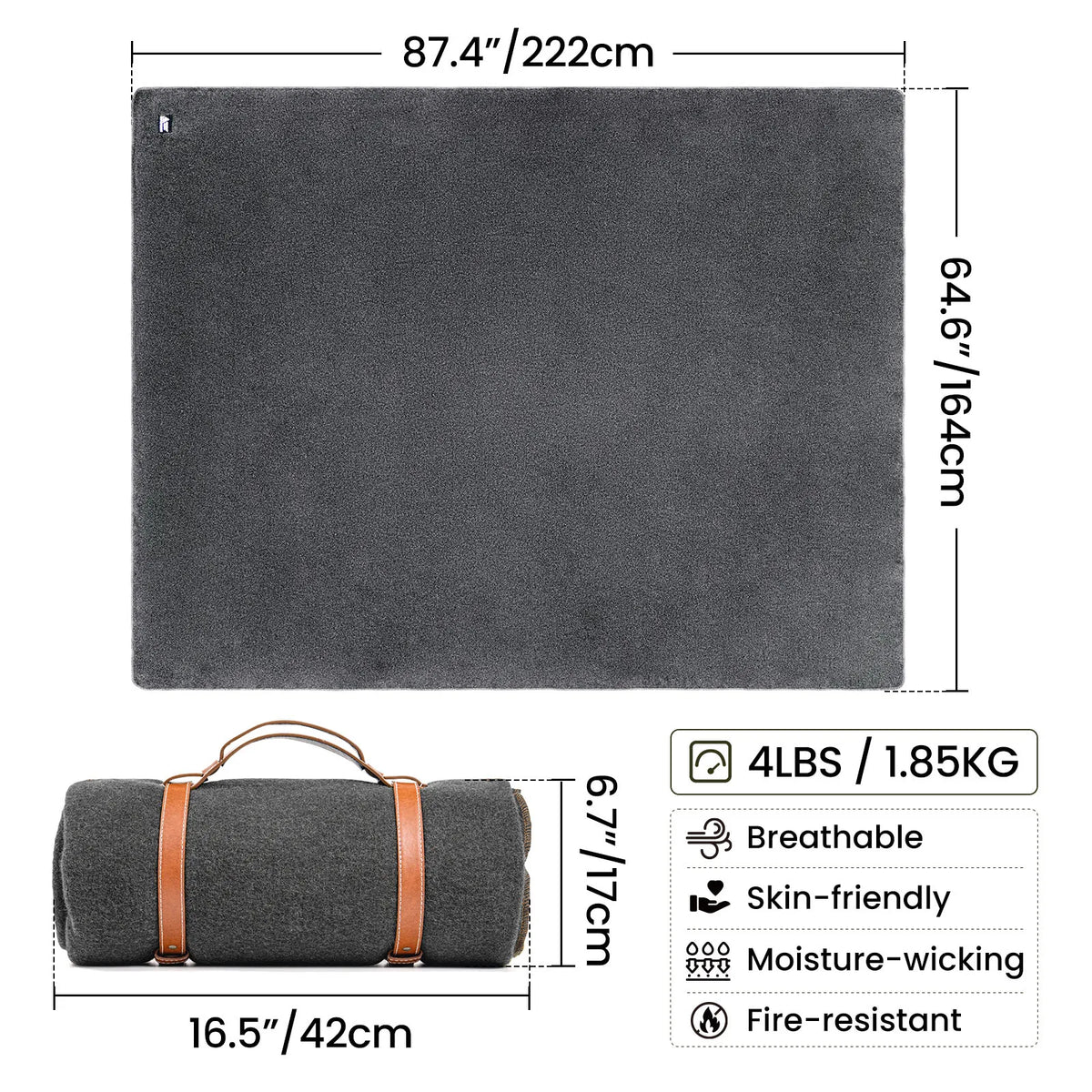 Couverture de camping 80 % laine – Grand format 222 × 164 cm