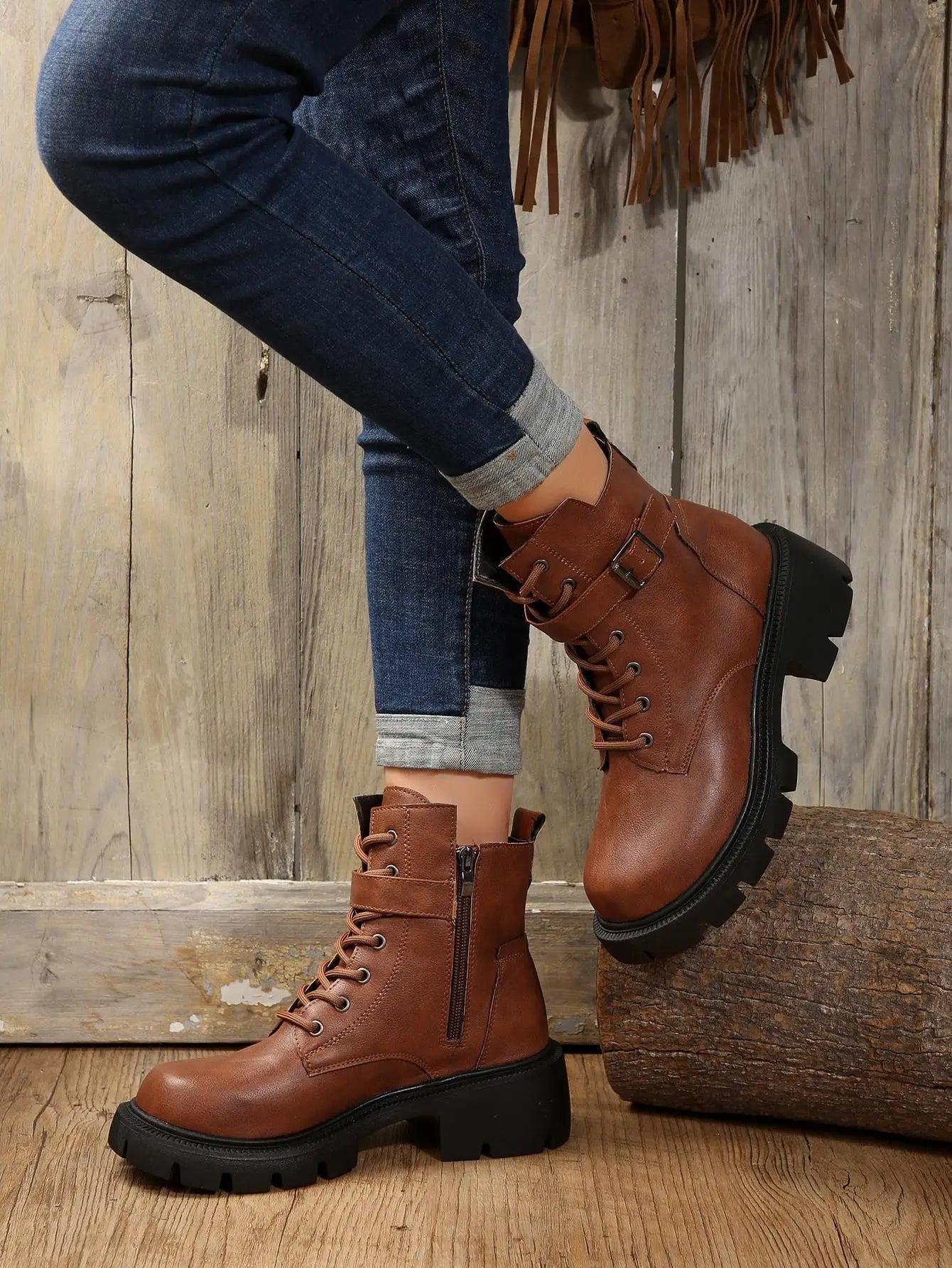 Bottines Femme à Talon Épais – Bottes Combat à Lacets & Fermeture Éclair – Style Punk Rock avec Boucle Ceinture – Pointure Jusqu’au 43 - BLACKBEARD OUTDOOR INDUSTRIES