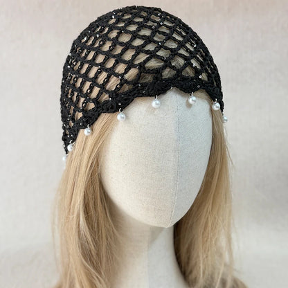 Bonnet filet au crochet femme avec perles décoratives