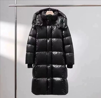 Doudoune brillante longue à capuche noire, homme et femme