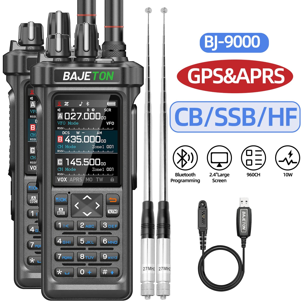 BAJETON BJ-9000 – talkie-walkie APRS GPS 10W, VHF/UHF & CB 27 MHz, récepteur AM/FM/SSB, programmation Bluetooth, USB‑C, triple veille - BLACKBEARD OUTDOOR INDUSTRIES
