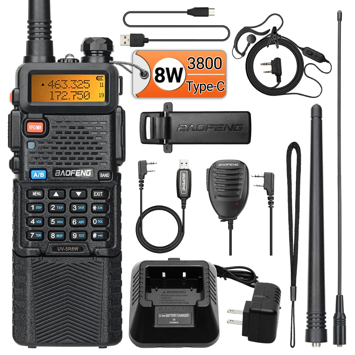 Baofeng UV-5R 8W – Talkie-Walkie Bi-Bande VHF/UHF, Batterie 3800mAh, Charge Type-C - BLACKBEARD OUTDOOR INDUSTRIES