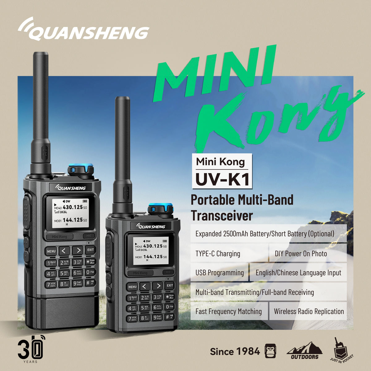 Talkie-walkie UV-K1 VHF/UHF rechargeable USB-C – 200 canaux