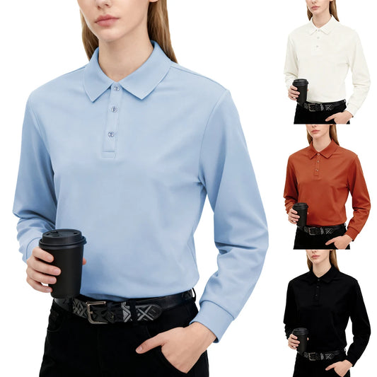 Polo Femme Manches Longues Slim – Col Chemise Respirant, Style Sportif S à XXL
