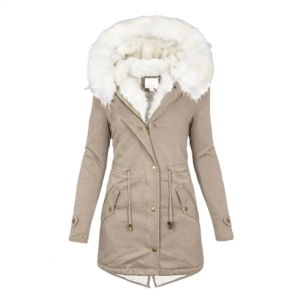 Manteau d’hiver femme long à capuche bordée de fausse fourrure
