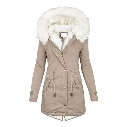 Manteau d’hiver femme long à capuche bordée de fausse fourrure