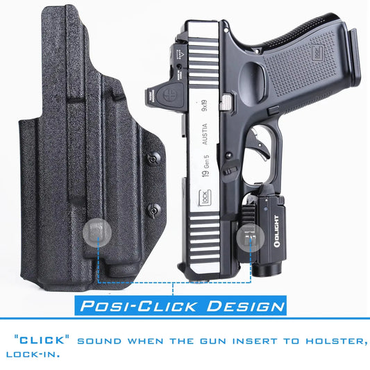 Holster IWB Kydex Glock 19 / 19X / 23 / 25 / 32 / 44 / 45 – Compatible Olight Baldr S | Porté Dissimulé Appendice, Coupe Optique