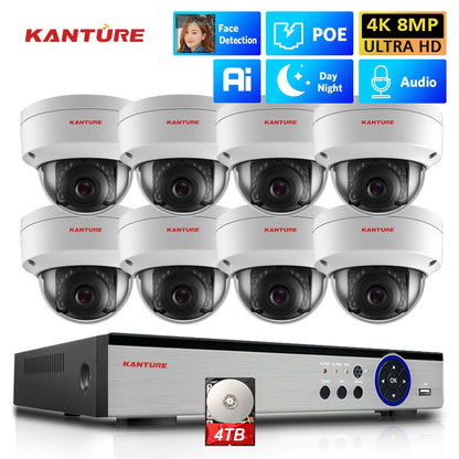 Kit NVR POE 4K/2K 4 ou 8 Canaux + Caméras IP H.265 – Détection IA Visage/Corps/Mouvement, Vision Nocturne IR 20m, IP66, Audio, CE/FCC