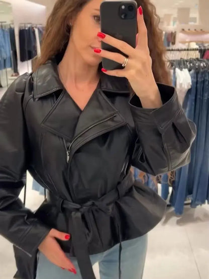 Veste en cuir femme courte avec ceinture, simili cuir