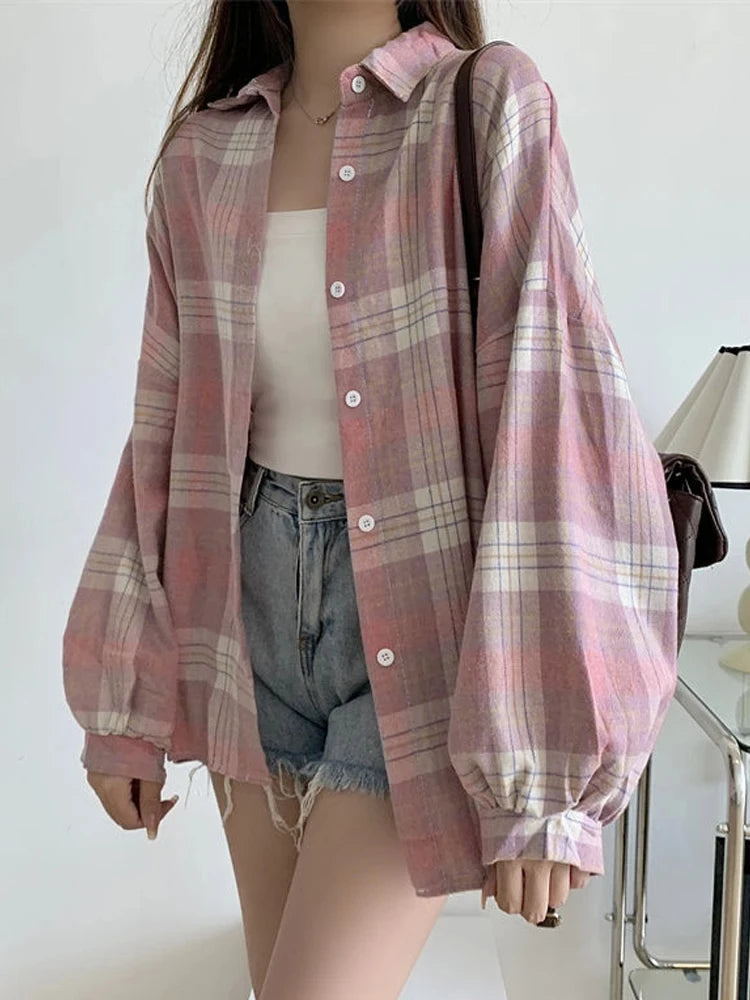 Chemise à Carreaux Femme Manches Longues – Coupe Loose Vintage Preppy Style