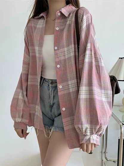 Chemise à Carreaux Femme Manches Longues – Coupe Loose Vintage Preppy Style