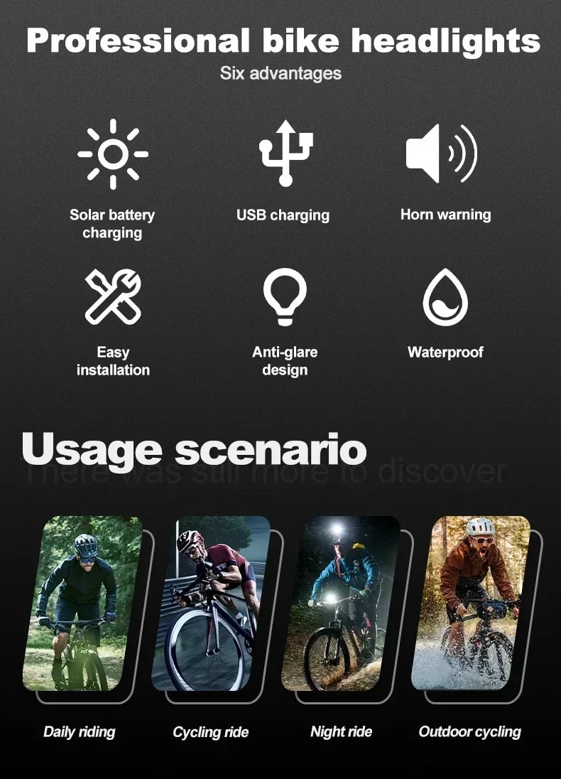 phare avant de vélo solaire a éclairage double faisceau avec avertisseur sonore Ma boutique