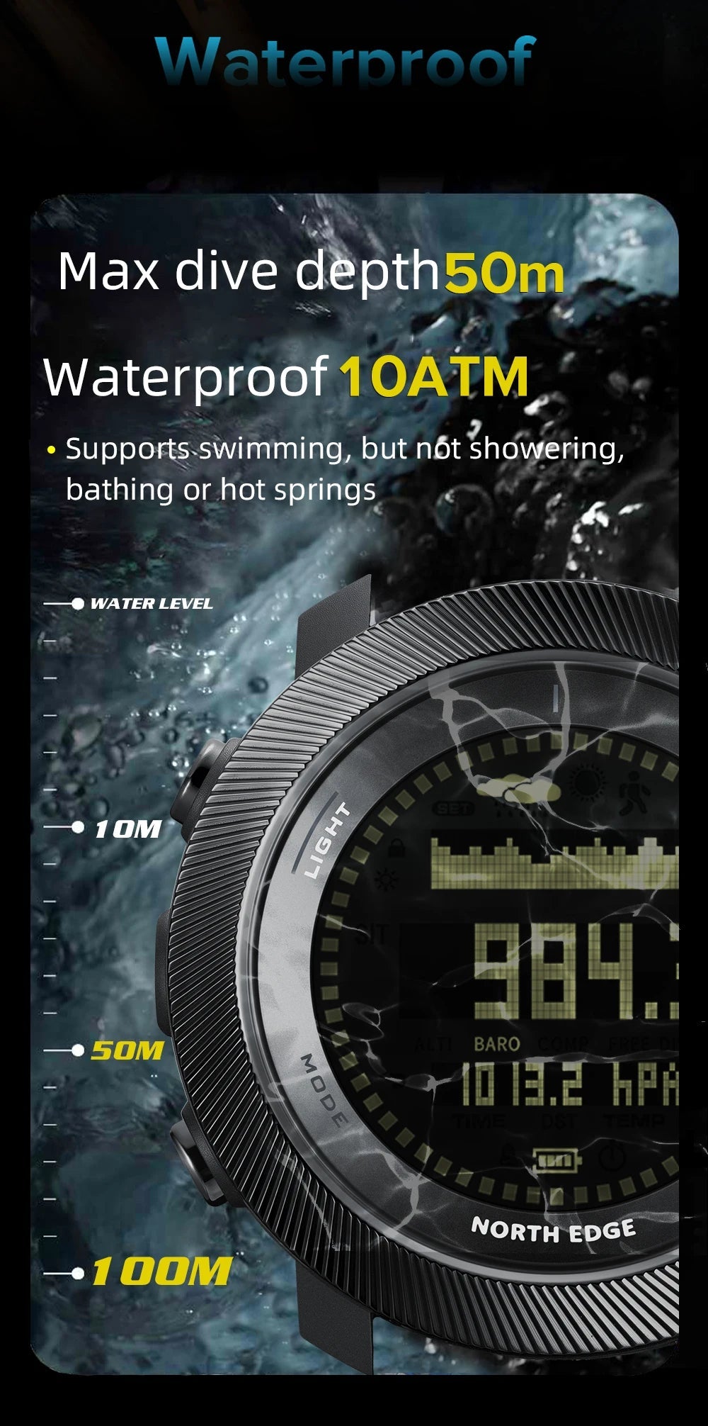 NORTH EDGE APACHE-D Montre Digitale Sportive pour Homme - Montre de Plongée, Outdoor, 100M Étanchéité, Altimètre, Baromètre, Boussole BLACKBEARD OUTDOOR INDUSTRIES