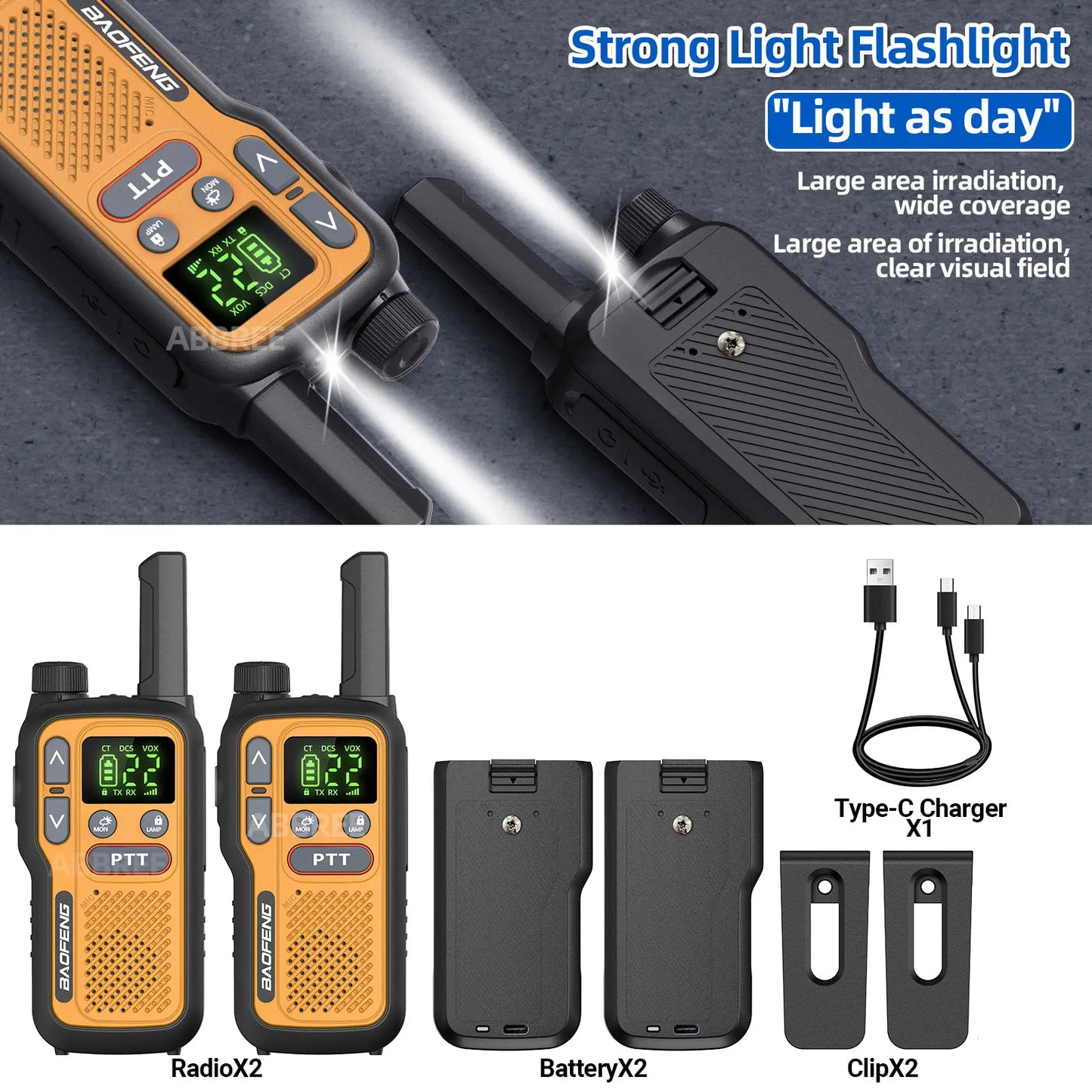 Pack 2 Talkies-Walkies PMR/FRS Sans Licence – Double PTT, VOX, USB-C, Alerte Météo