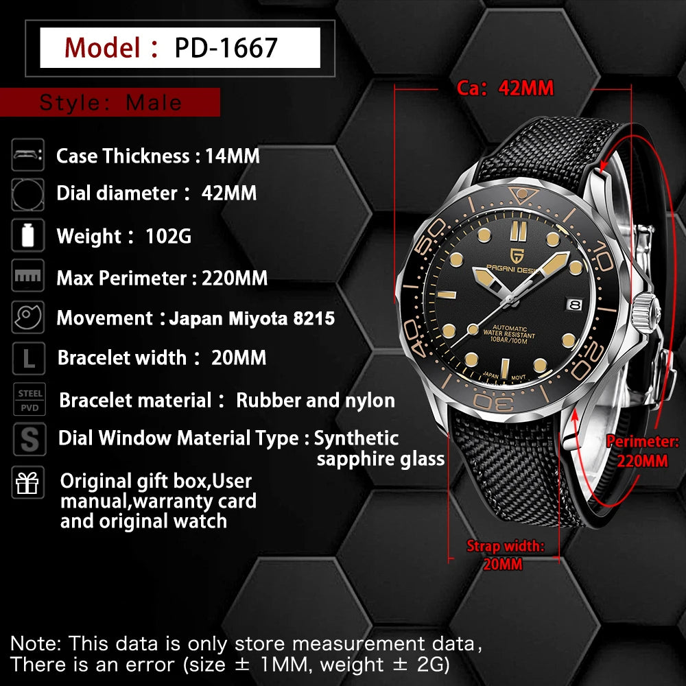 Montre Automatique PAGANI DESIGN PD1667 – Saphir AR, 100M, Mouvement Miyota 8215