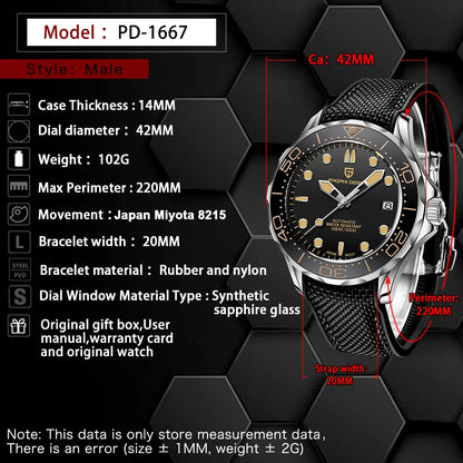 Montre Automatique PAGANI DESIGN PD1667 – Saphir AR, 100M, Mouvement Miyota 8215