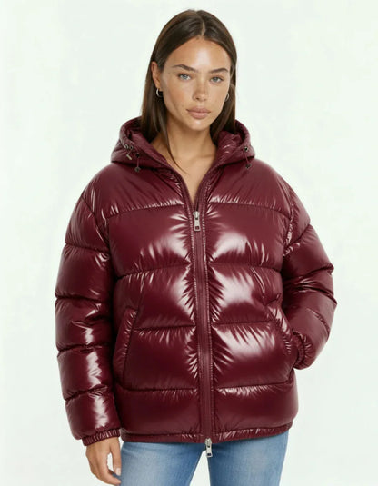 Doudoune brillante femme à capuche, hiver, coupe courte