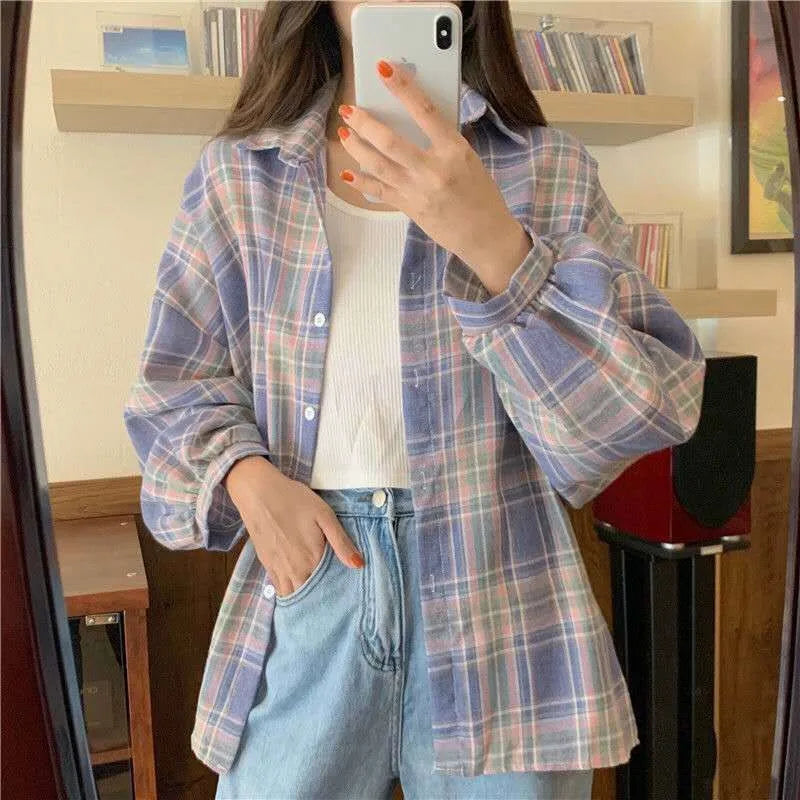 Chemise à Carreaux Femme Manches Longues – Coupe Loose Vintage Preppy Style