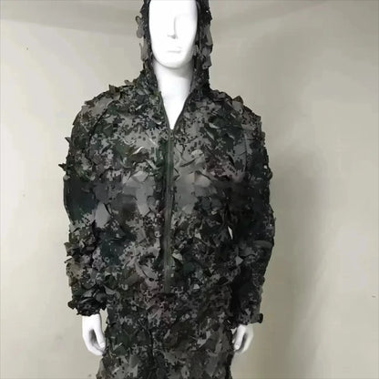 Combinaison Ghillie 3D Feuilles – Veste + Pantalon, Polyester Mesh, Chasse Airsoft Woodland