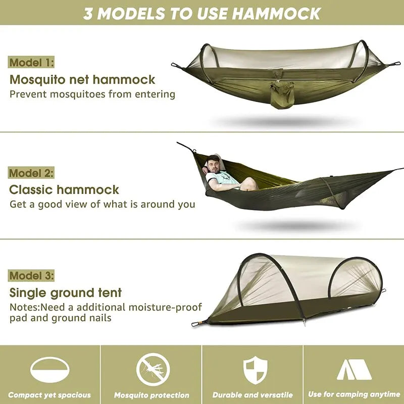 Hamac 3-en-1 Anti-Moustiques Nylon 210T – Ouverture Automatique, Camping Outdoor