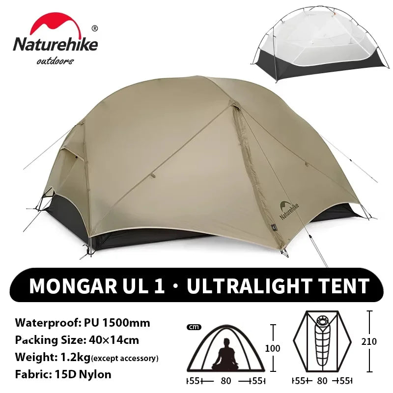 Tente Ultra-Légère Naturehike Mongar UL 2 Personnes – 3 Saisons, 15D/20D, Imperméable 3000mm
