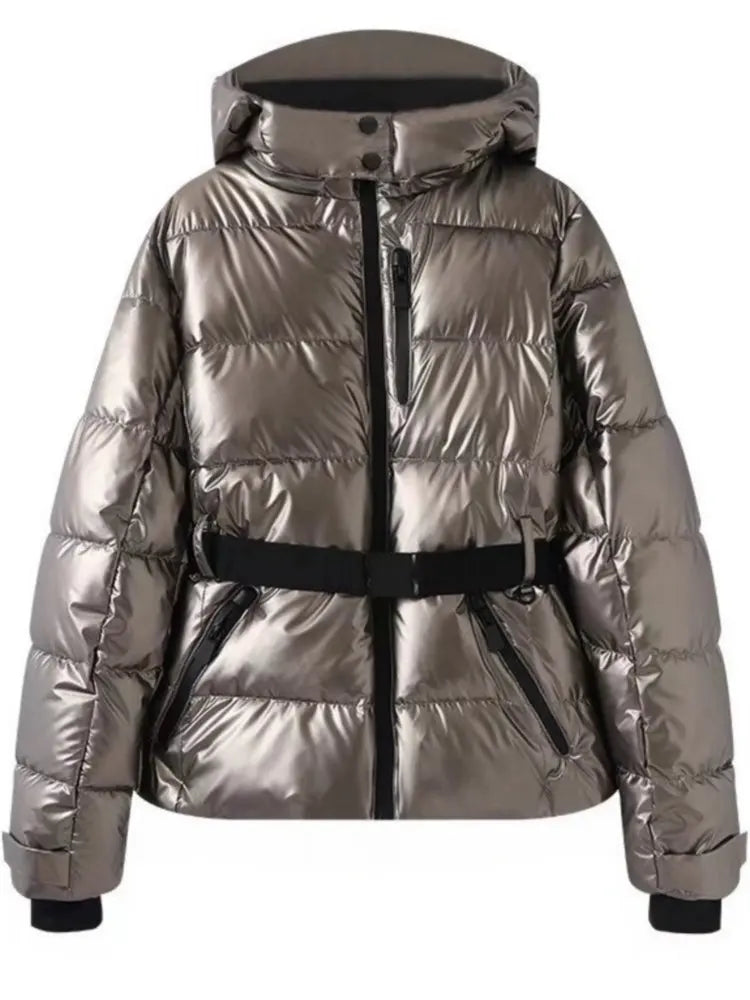 Doudoune longue femme à capuche et ceinture