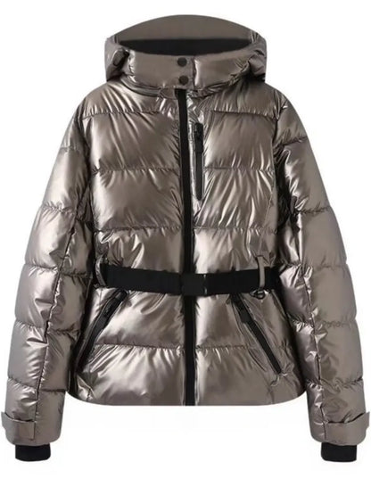 Doudoune longue femme à capuche et ceinture
