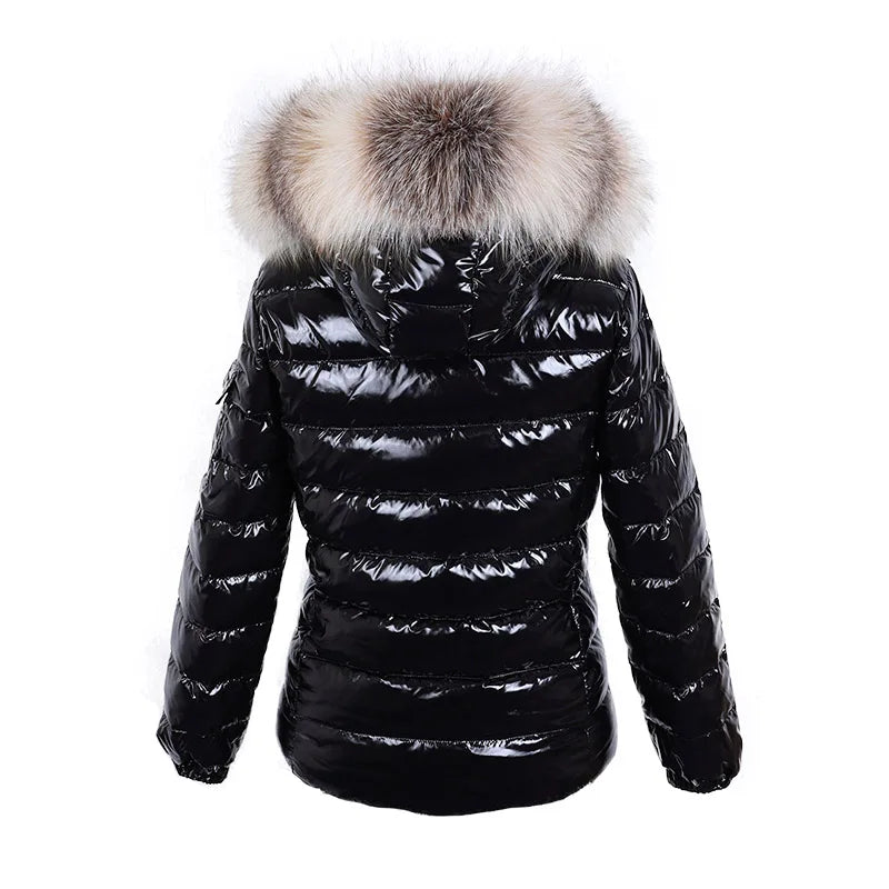Doudoune brillante femme à capuche – duvet de canard, courte ou longue