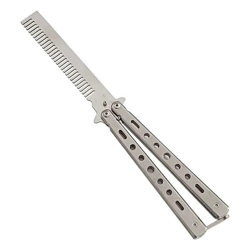 Peigne Couteau Papillon Acier Inox – Style Balisong, Coiffure & Barbe, 22 cm