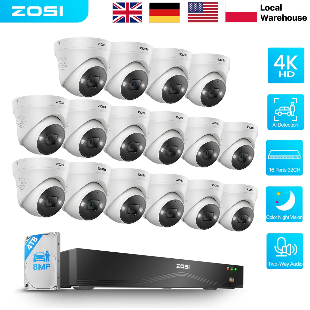 Kit NVR POE 4K 16 Ports Extensible 32CH – Double Disque Dur, Caméras 8MP Détection IA, Audio Bidirectionnel, H.265+, CE/FCC/UL