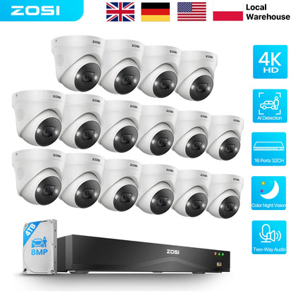 Kit NVR POE 4K 16 Ports Extensible 32CH – Double Disque Dur, Caméras 8MP Détection IA, Audio Bidirectionnel, H.265+, CE/FCC/UL