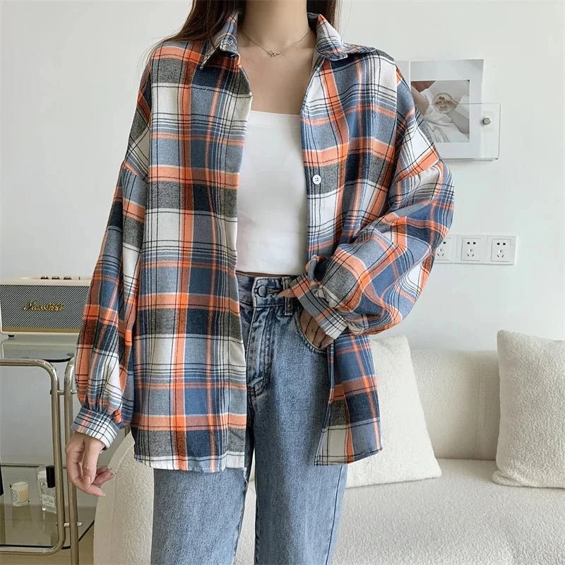 Chemise à Carreaux Femme Manches Longues – Coupe Loose Vintage Preppy Style