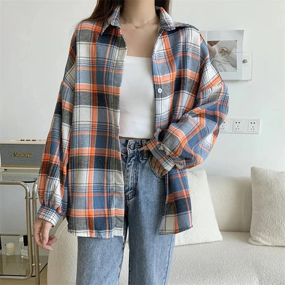 Chemise à Carreaux Femme Manches Longues – Coupe Loose Vintage Preppy Style