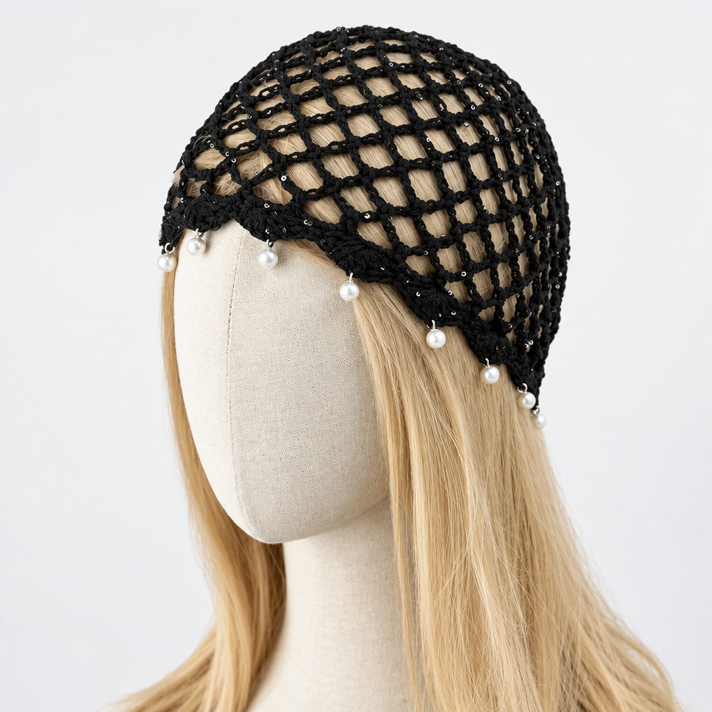 Bonnet filet au crochet femme avec perles décoratives