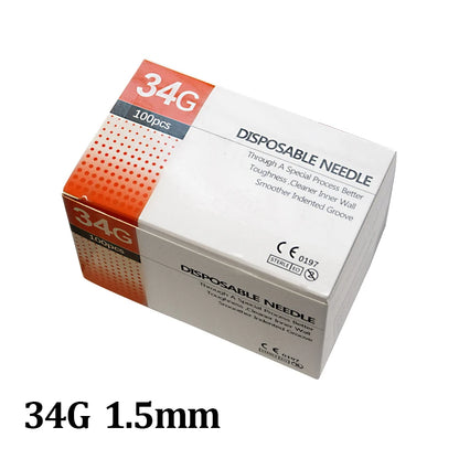 Aiguilles Ultra-fines Indolores 100 pcs – 25G à 34G, 1,5 à 25 mm – Seringue Transparente Embout Capuchon – Beauté & Médical