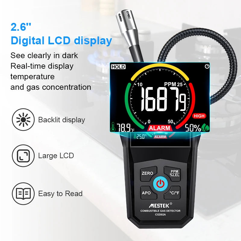 Détecteur de Fuite de Gaz Inflammable – Analyseur de Gaz Naturel, LPG, Méthane, Alcool (50000 PPM/LEL%) avec Sonde Flexible - BLACKBEARD OUTDOOR INDUSTRIES