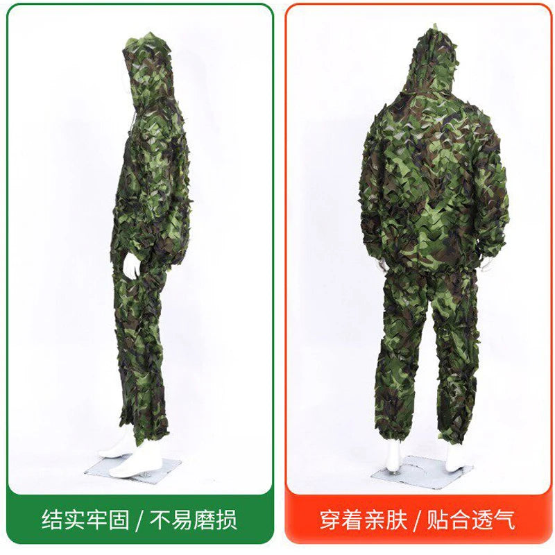 Combinaison Ghillie 3D Feuilles – Veste + Pantalon, Polyester Mesh, Chasse Airsoft Woodland