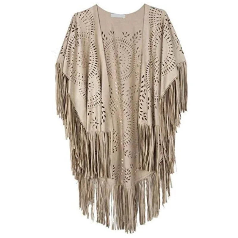 Poncho Cape Femme Bohème à Franges – Châle Vintage Floral Toutes Saisons
