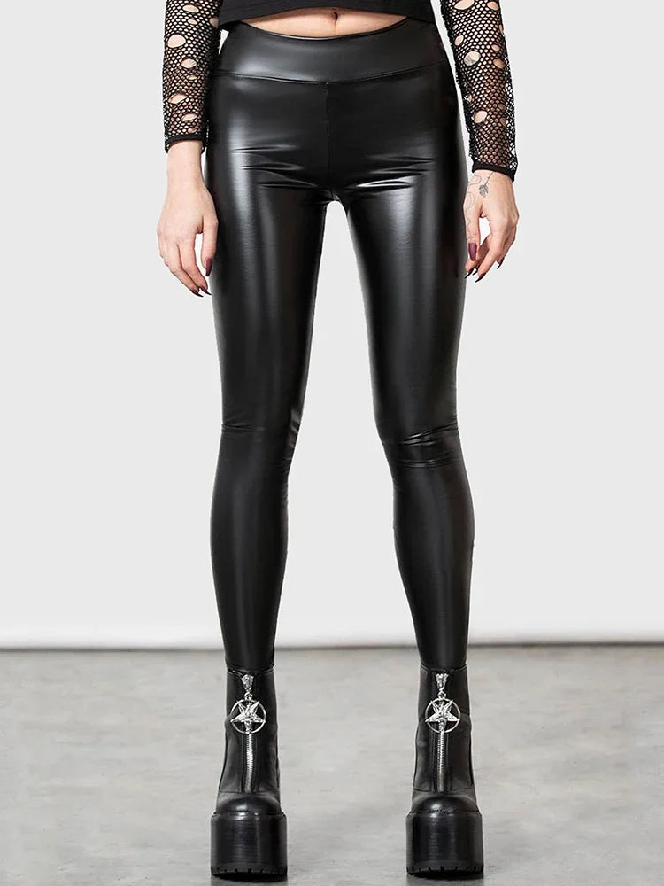 Legging effet cuir ultra brillant femme noir taille haute