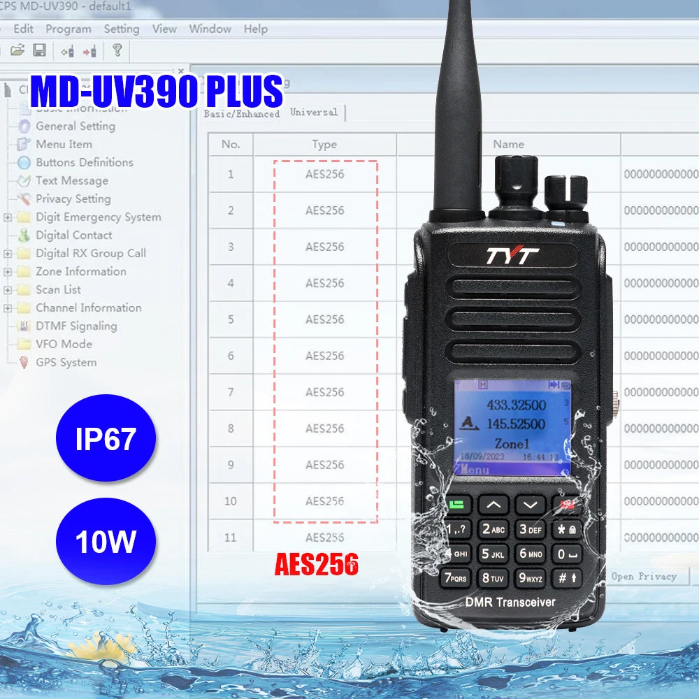 Talkie-Walkie DMR TYT MD-UV390Plus – 10W, GPS Intégré, IP67 Étanche, Chiffrement AES256, Double Bande VHF/UHF, 3000 Canaux