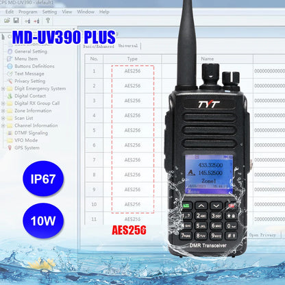 Talkie-Walkie DMR TYT MD-UV390Plus – 10W, GPS Intégré, IP67 Étanche, Chiffrement AES256, Double Bande VHF/UHF, 3000 Canaux