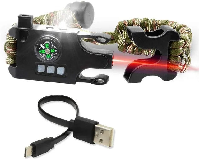 Bracelet de Survie Tactique 8-en-1 Paracorde 550 – SOS LED Laser UV Boussole