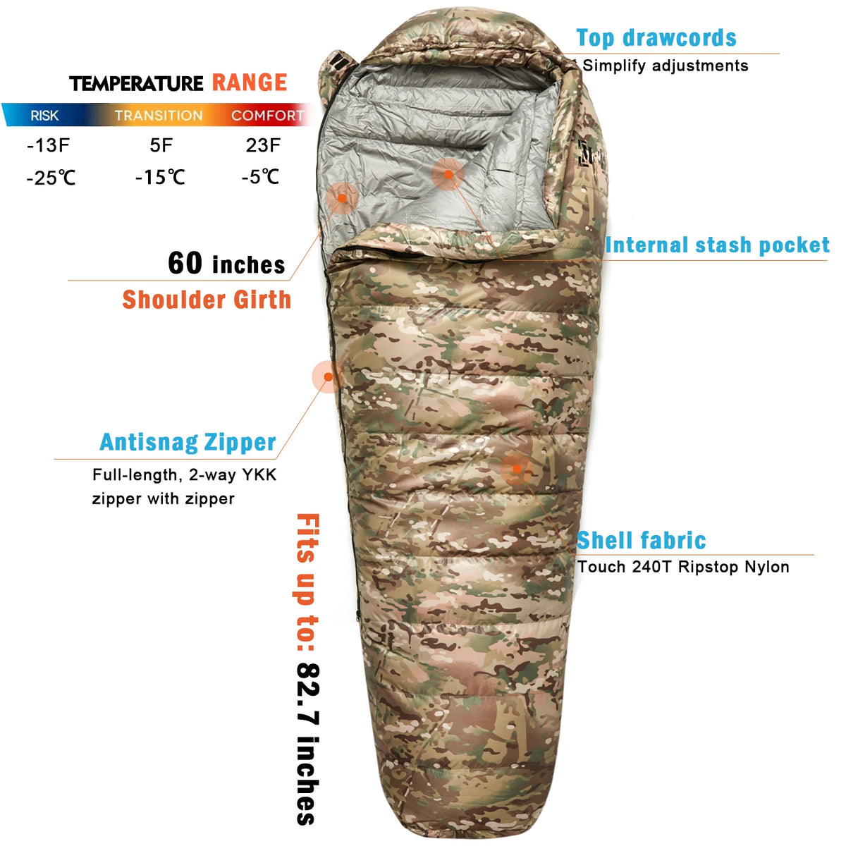 Sac de couchage militaire momie en duvet – Bivouac et camping