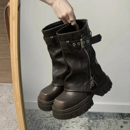 Bottes motardes femme mi-mollet à boucle