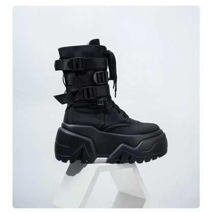 Bottines compensées femme noires à boucles en simili cuir