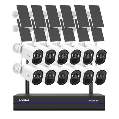 Kit NVR 16 Canaux + Caméras Solaires Sans Fil 4MP 2K – WiFi 6, PIR, Vision Nocturne Couleur, IP65, Audio Bidirectionnel – 4 à 12 Caméras