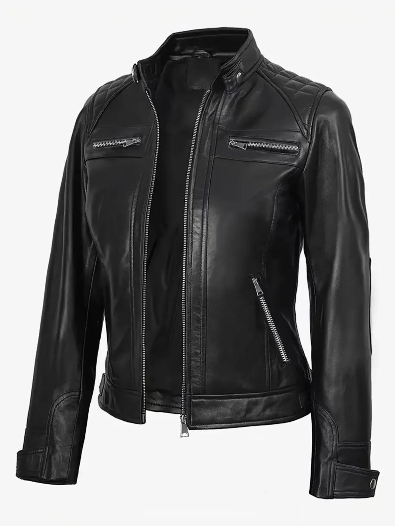Veste en Cuir PU Femme Style Moto – Col Officier, Slim Fit, Sà XXL