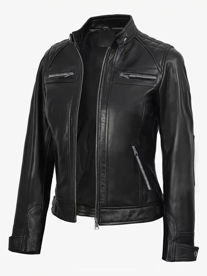 Veste en Cuir PU Femme Style Moto – Col Officier, Slim Fit, Sà XXL