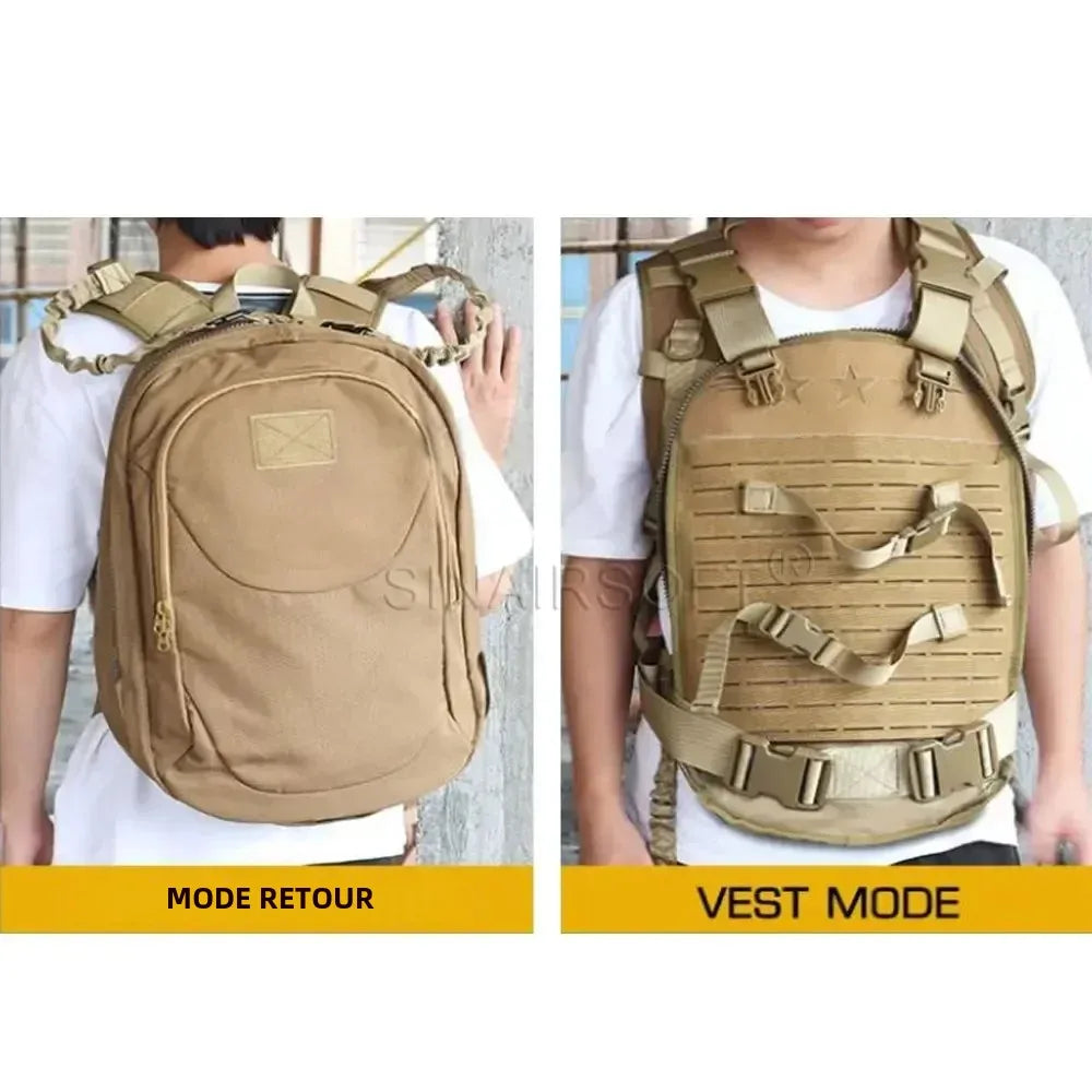 SINAIRSOFT sac à dos porte plaque 2‑en‑1 – se transforme en gilet tactique en secondes, tissu Oxford résistant, libération rapide (Noir/Dark Earth) - BLACKBEARD OUTDOOR INDUSTRIES