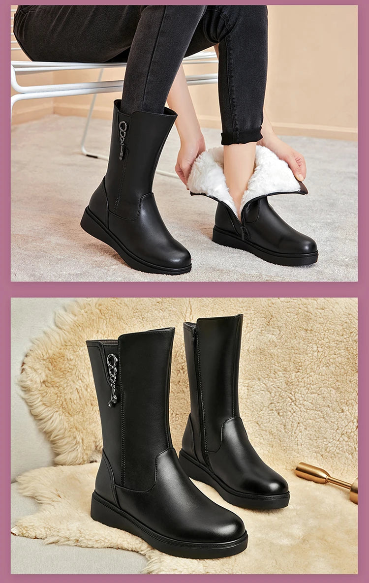 Bottes Neige Femme en Cuir – Fourrées Laine Épaisse | Confort & Chaleur | Tailles 35 à 43 - BLACKBEARD OUTDOOR INDUSTRIES